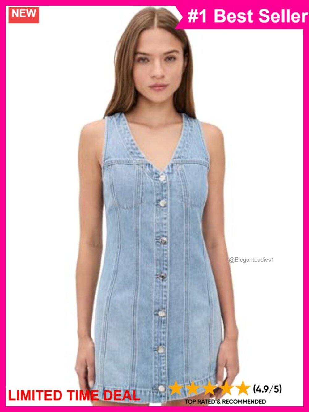 Lightweight Non-Stretch Denim Mini Dress Seamed Shift V-Neck Button Placket